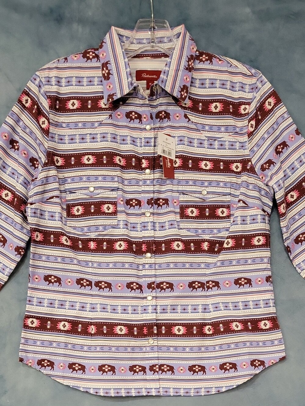 Panhandle Juniors Snap Shirt Sz Medium Pink Blue Buffalo Southwestern AOP NWT